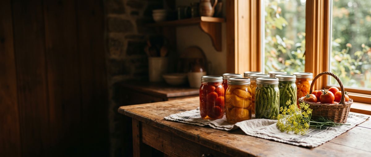 Jars of home-canned tomatoes, peaches and green beans on a farmhouse table