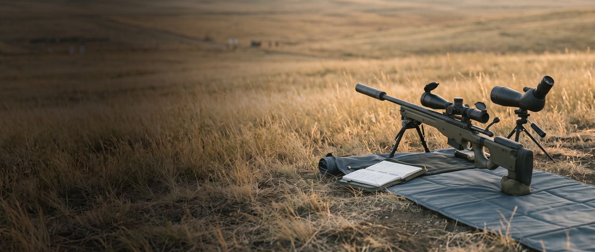 Scoped rifle on a bipod beside a spotting scope in a grass field at dusk