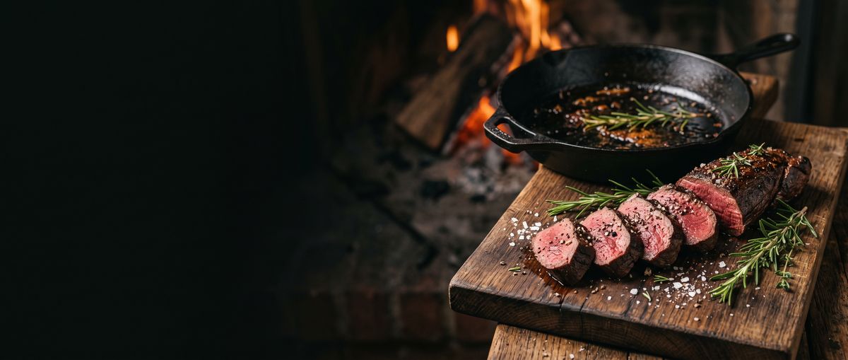 Sliced venison backstrap on a cutting board beside a cast iron skillet