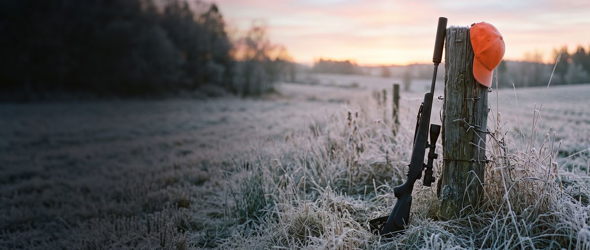 Suppressed hunting rifle leaning on a fence post in a frosty field at sunrise