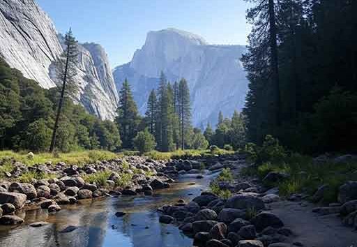 Scenic trail in Yosemite National Park, one of the best hiking areas in the U.S., with lush greenery and stunning natural views.