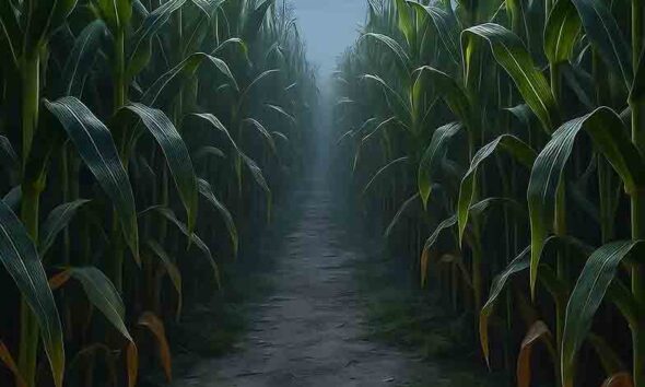 Eerie corn maze path illuminated by a full moon on a chilly Halloween night, with towering stalks and misty shadows for a spooky fall adventure.