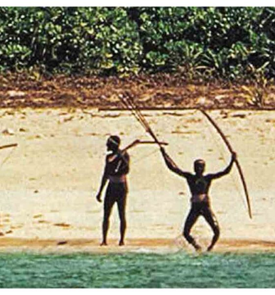 Sentinelese tribe warriors aiming bows and arrows on North Sentinel Island beach