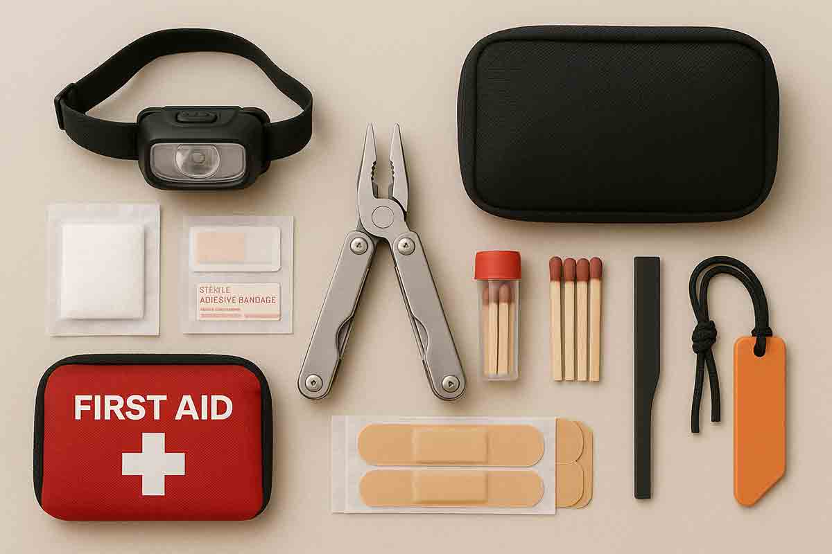 Flat lay of compact emergency kit items for outdoor preparedness