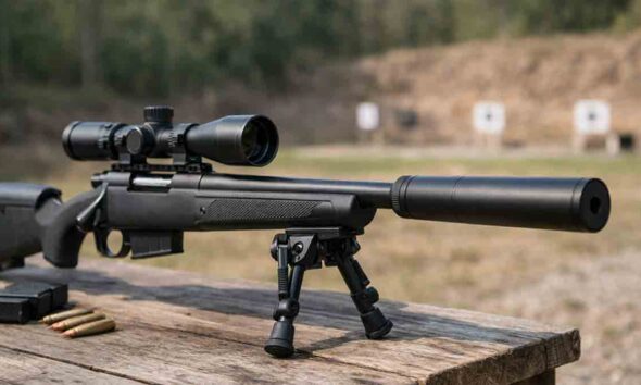 A modern hunting rifle equipped with a legally owned suppressor at an outdoor range — showing how suppressors are becoming part of responsible shooting culture.