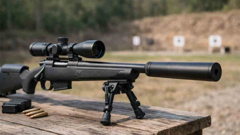 A modern hunting rifle equipped with a legally owned suppressor at an outdoor range — showing how suppressors are becoming part of responsible shooting culture.