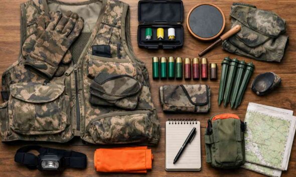 spring turkey hunting preparation gear laid out on a table with turkey vest calls shells gloves facemask and decoy stakes