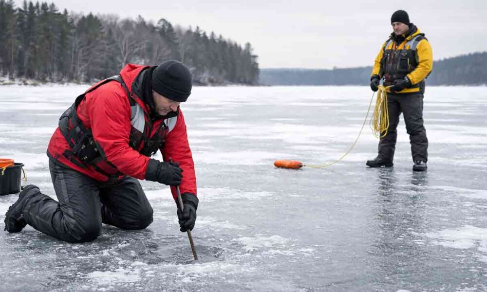 winter fishing safety anglers testing ice thickness with a spud bar near shore