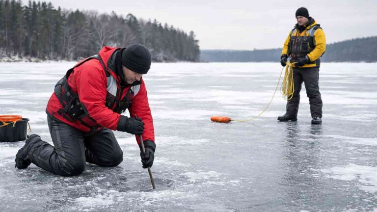 winter fishing safety anglers testing ice thickness with a spud bar near shore