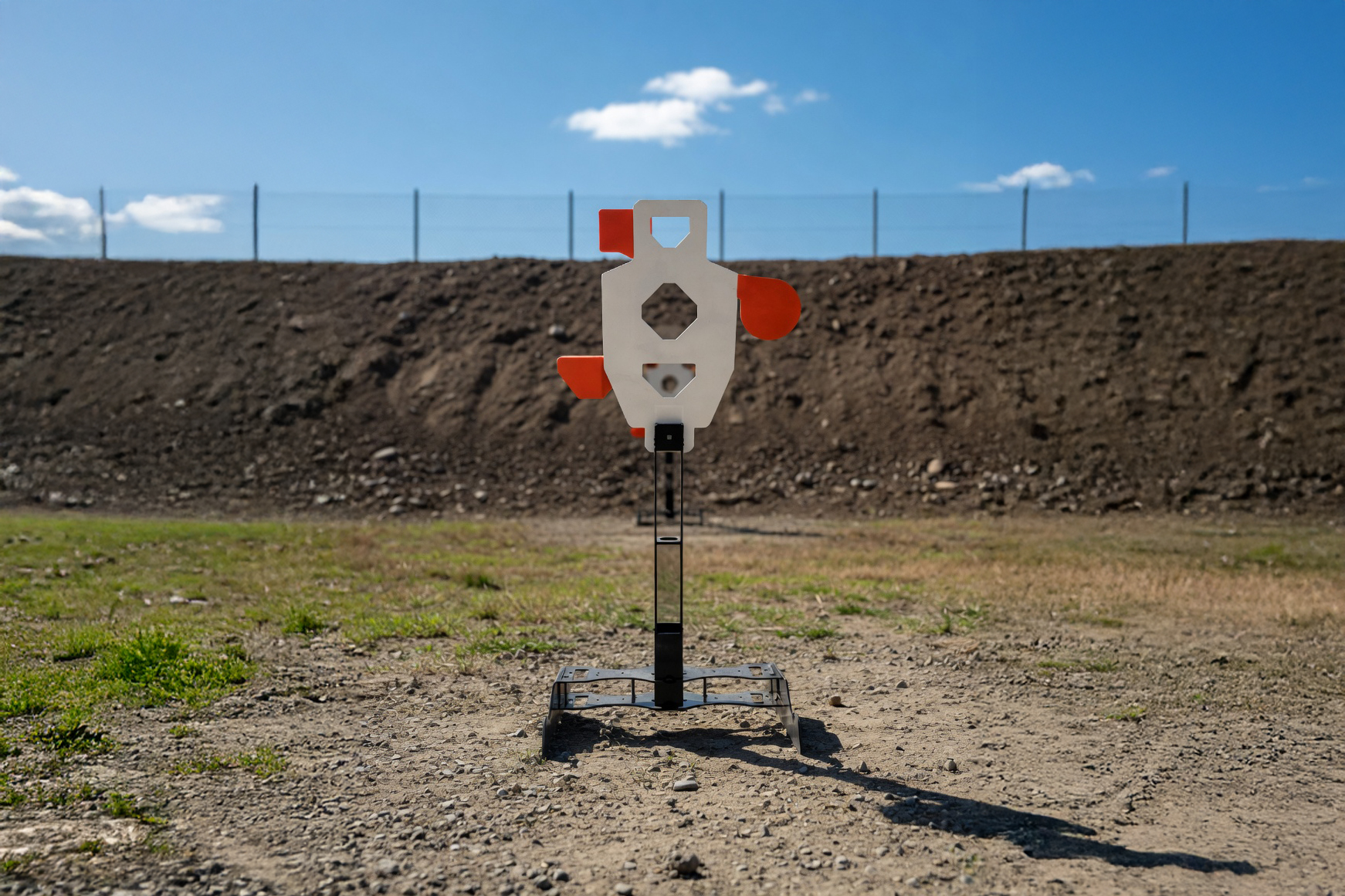 Steel target range - Popular Outdoorsman Triple Threat Torso — Target silhouette on a metal stand at an outdoor shooting range, with a dirt berm and blue sky.