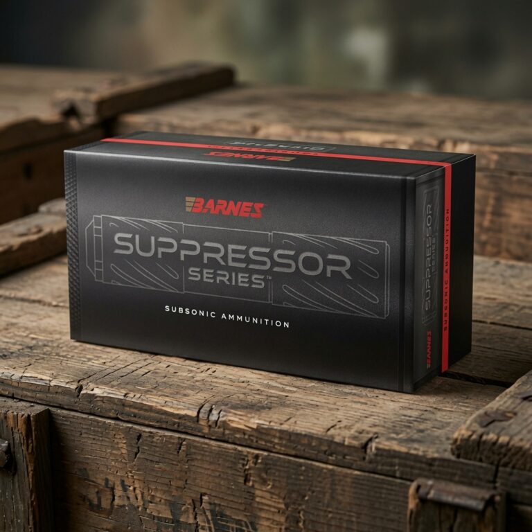 Box of Barnes Suppressor Series subsonic ammunition on a rough wooden surface.