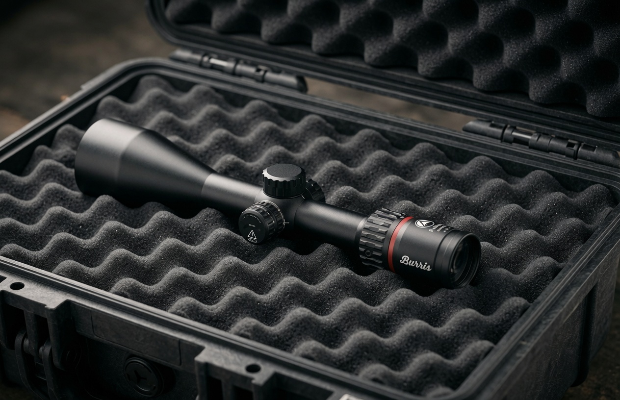 Burris Fullfield 4-16x50 pelican case - Popular Outdoorsman Black Burris rifle scope lying in a foam-padded hard case, ready for transport and storage.