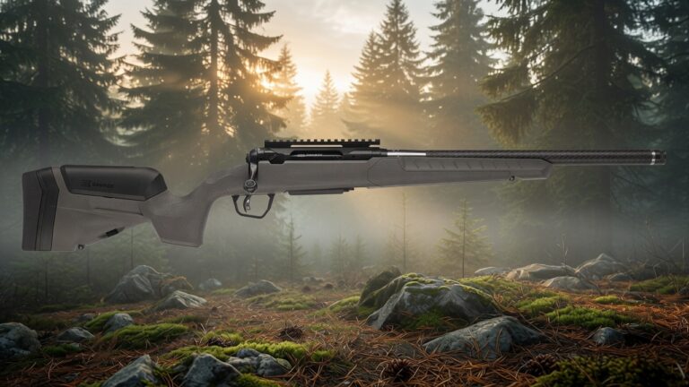 Bolt-action rifle with a black synthetic stock and long barrel resting in a sunlit forest clearing.