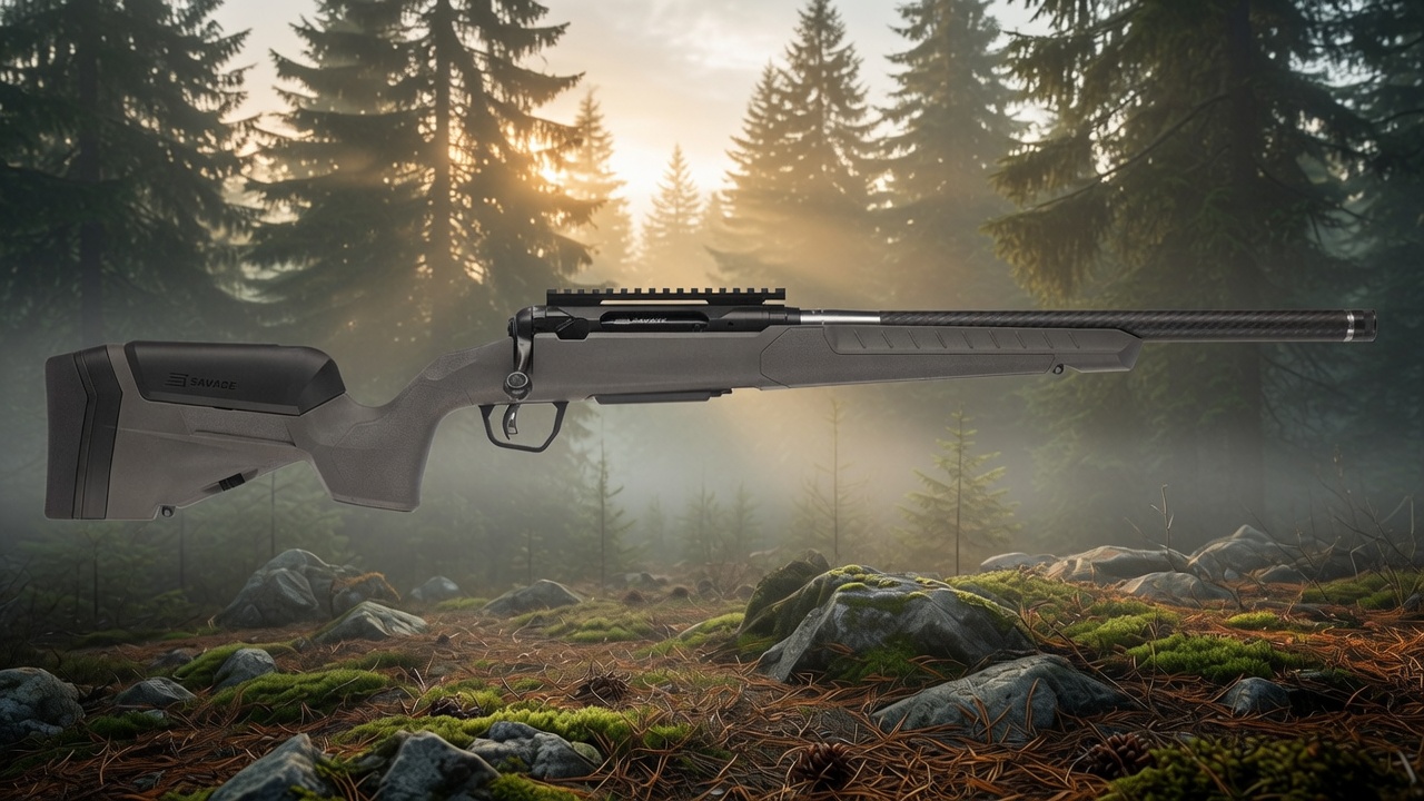 Savage 110 Carbon Hunter Wood Background - Popular Outdoorsman Bolt-action rifle with a black synthetic stock and long barrel resting in a sunlit forest clearing.
