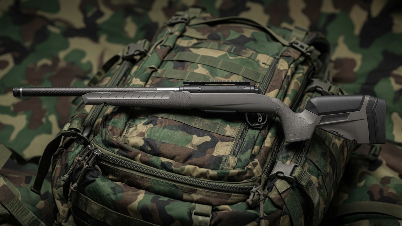Savage 110 carbon hunter backpack - Popular Outdoorsman Bolt-action rifle resting on a camouflage military backpack.