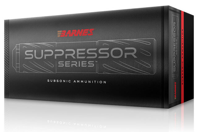 SuppressorSeriesBox__31029 - Popular Outdoorsman Barnes Suppressor Series subsonic ammunition box, black with a red logo and the text SUPPRESSOR SERIES and SUBSONIC AMMUNITION.