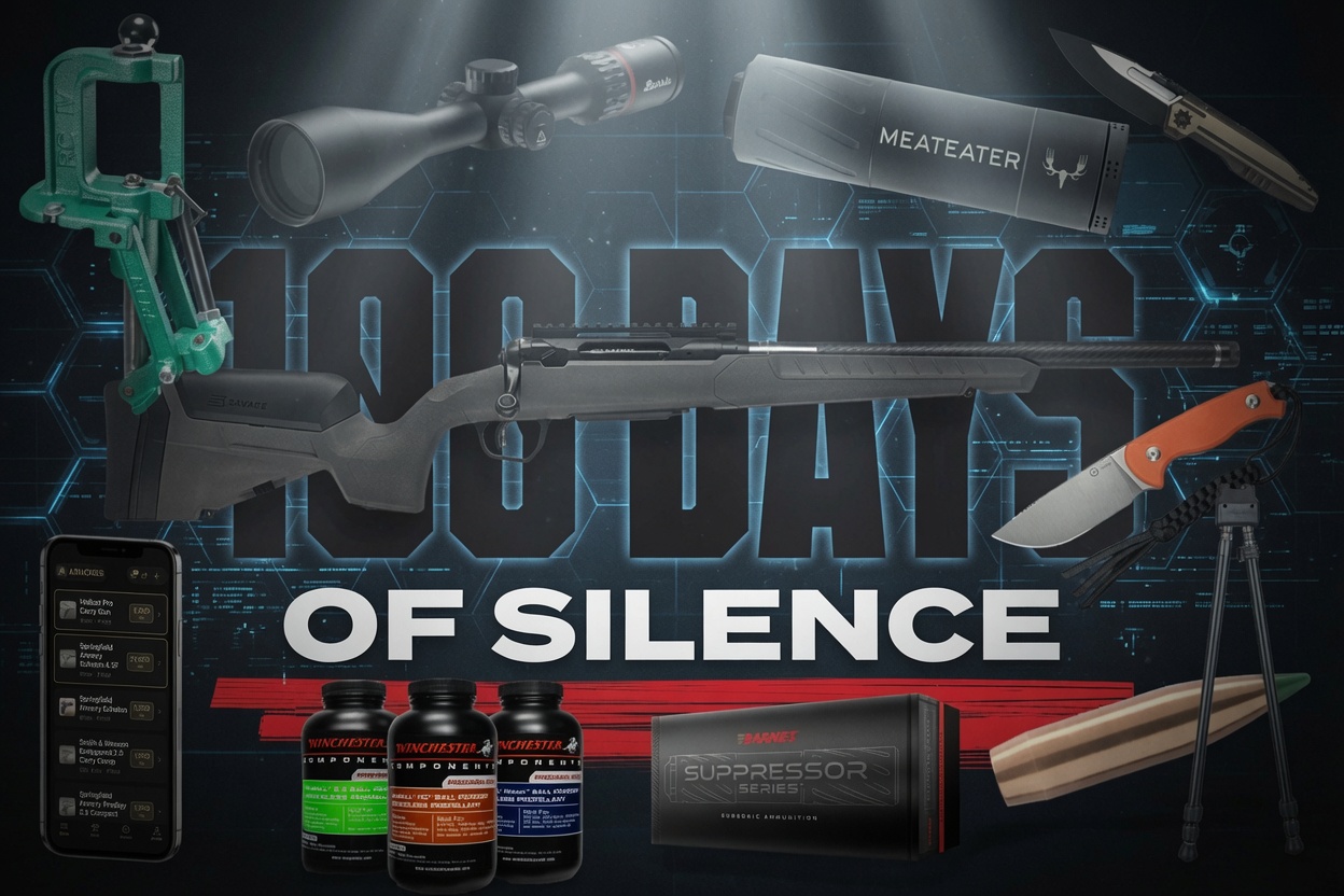 hZOjS - Popular Outdoorsman Promotional banner showing multiple hunting and survival items—rifle, scope, knives, tripod, suppressor, pills, and a smartphone—arranged around bold text reading 'OF SILENCE' (likely part of a title).