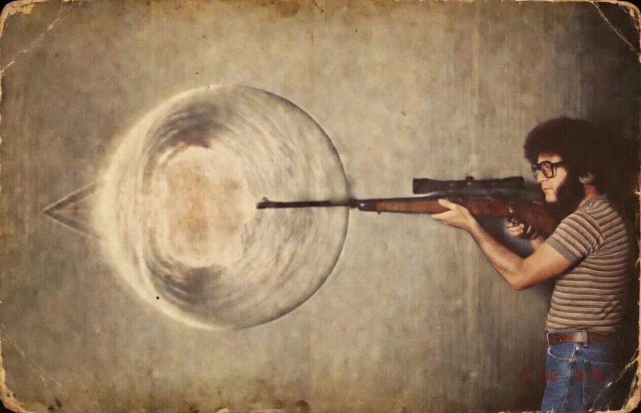 gun blast shockwave vintage - Popular Outdoorsman Man in striped shirt and glasses aiming a rifle at a large circular target on a concrete wall, retro photo style.