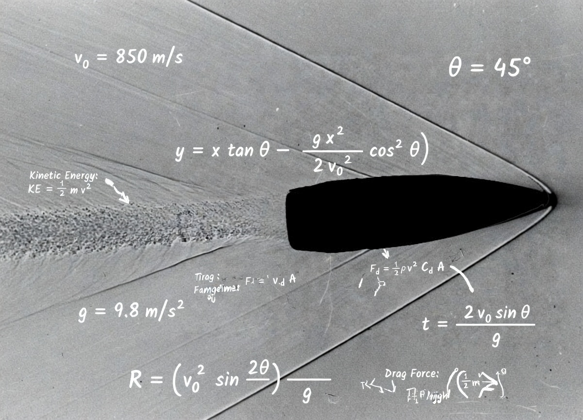 Bullet match shockwave - Popular Outdoorsman Black fin attached to a gray surface with white chalk-like physics equations and symbols drawn around it.