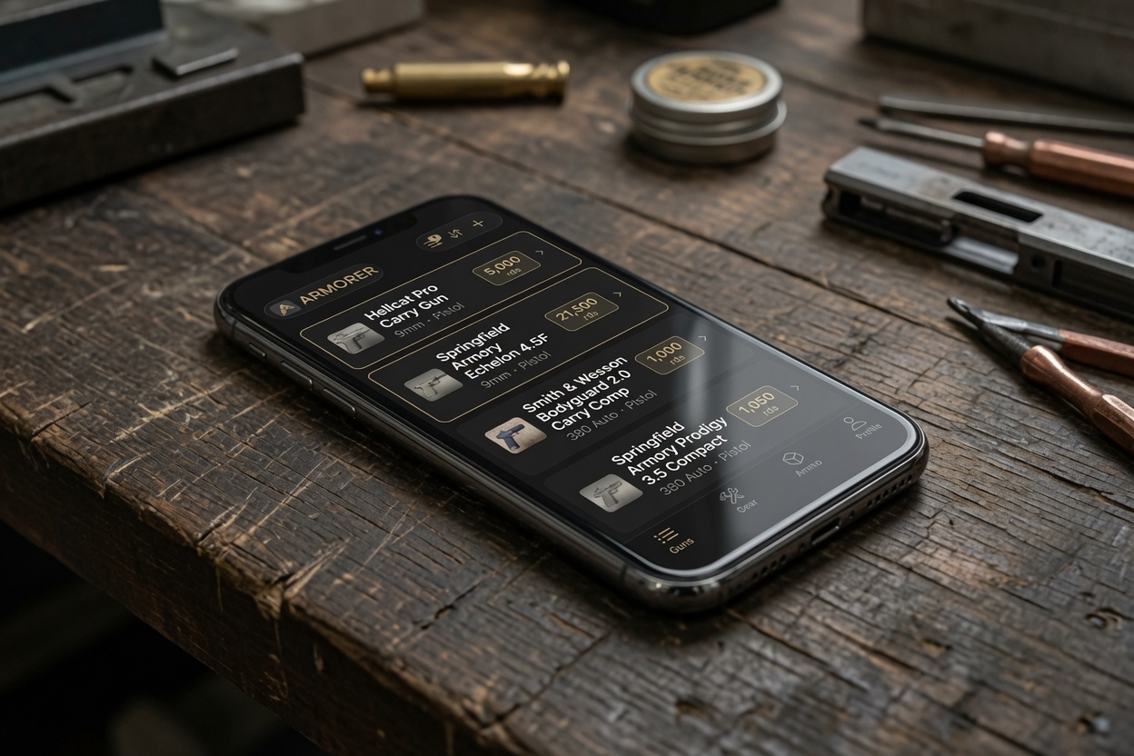 Armorer app on table - Popular Outdoorsman Phone on a wooden workbench showing a gun market app with pistol listings and prices.