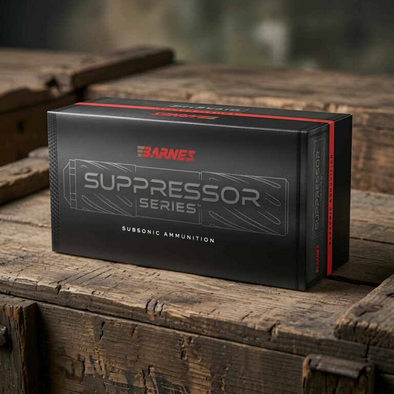 Box of Barnes Suppressor Series subsonic ammunition on a rough wooden surface.