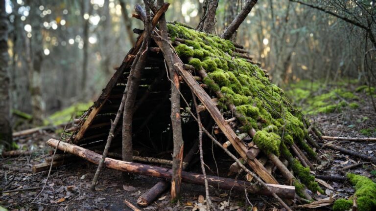 A small moss-covered wooden shelter built from branches in a forest clearing.