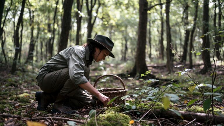 Woman in a hat crouches in a mossy forest, reaching for plants beside a wicker basket for foraging.