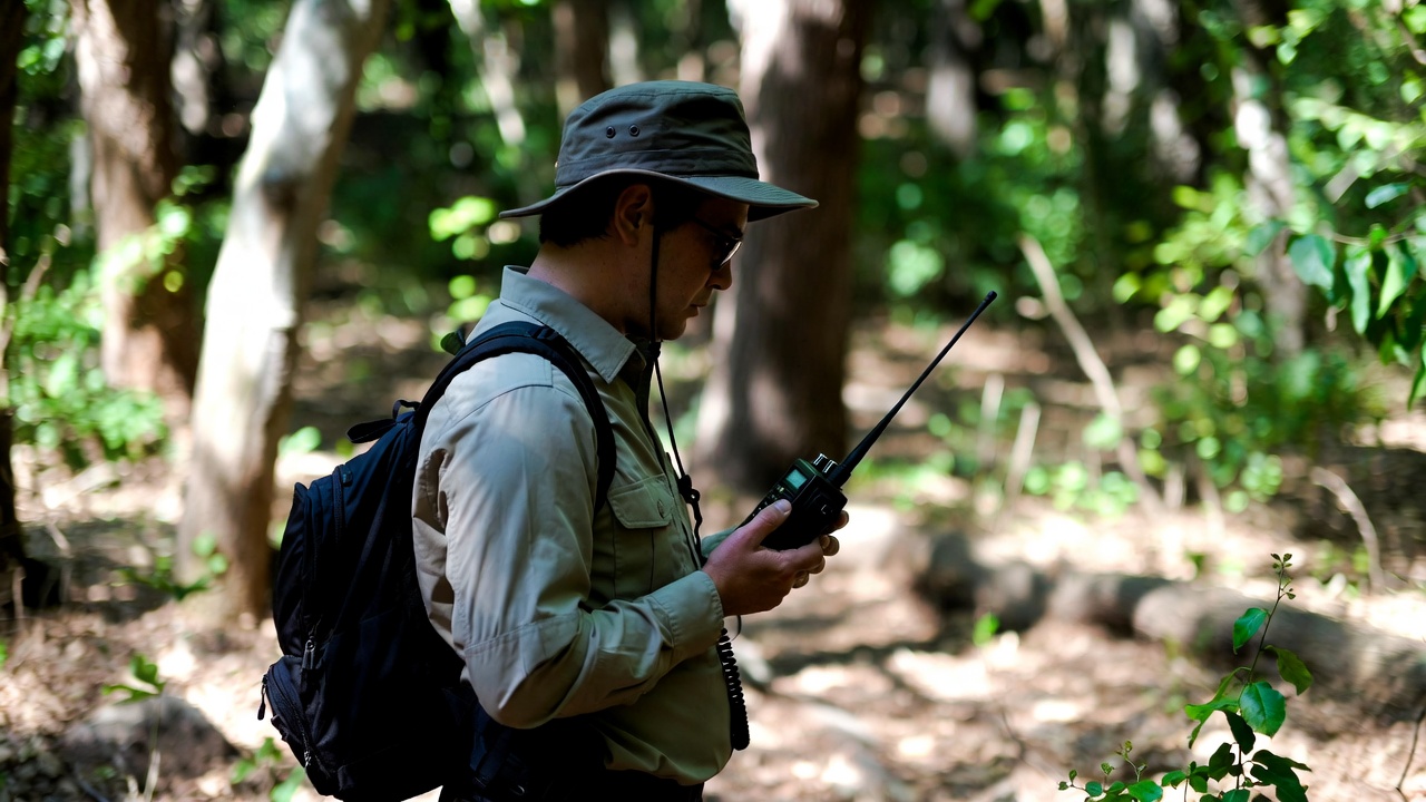 Man in woods using ham radio image one - Popular Outdoorsman Man in a beige shirt and hat checks a handheld radio while standing in a sunlit forest with a backpack on his back.