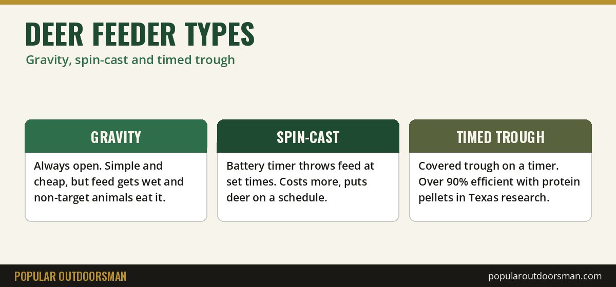 Deer feeder types compared: gravity free-choice, timed spin-cast and timed trough feeders