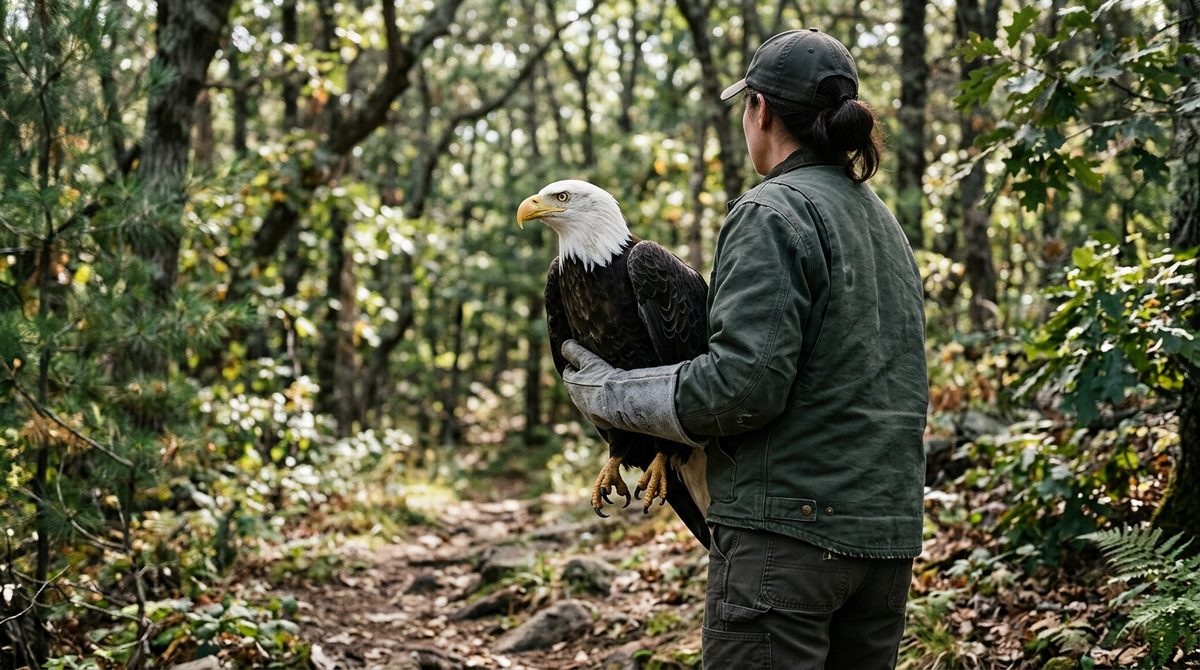 Wildlife rehabilitator holding a recovering bald eagle