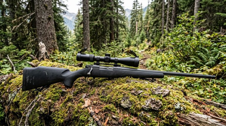 Bolt-action hunting rifle on a mossy log
