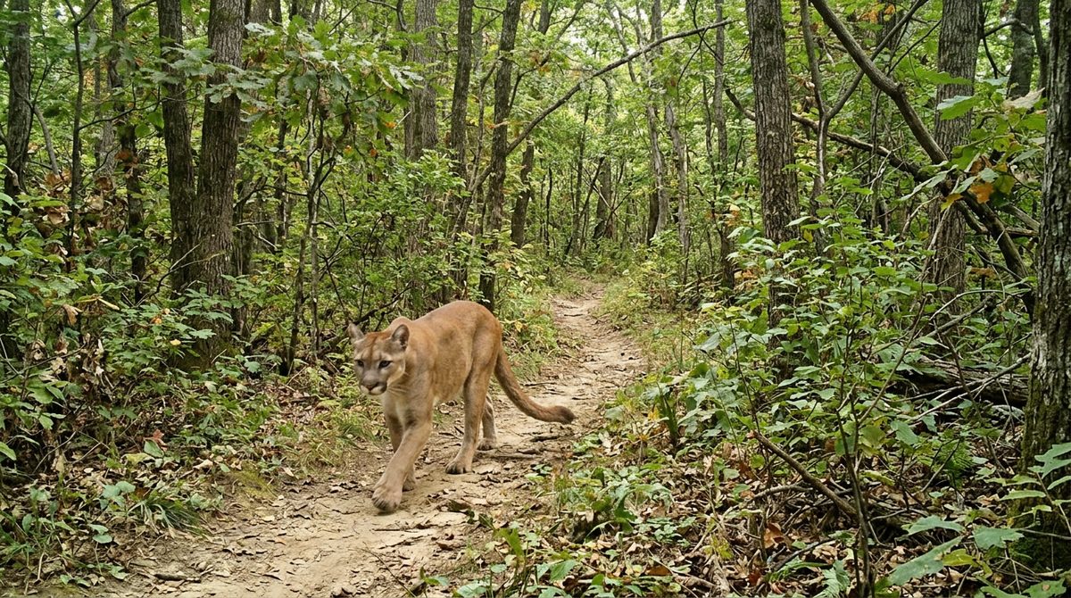 Mountain lion walking down a woods lane