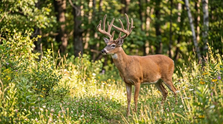 Male deer with large antlers stands in a sunlit meadow of wildflowers by a forest edge.