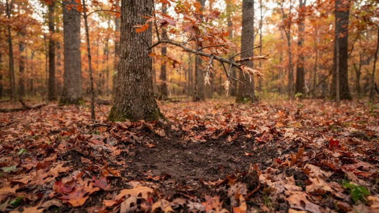 Fresh deer scrape of bare dirt under an overhanging licking branch at the edge of autumn hardwoods, a pre-rut sign behind these deer hunting tips for the rut