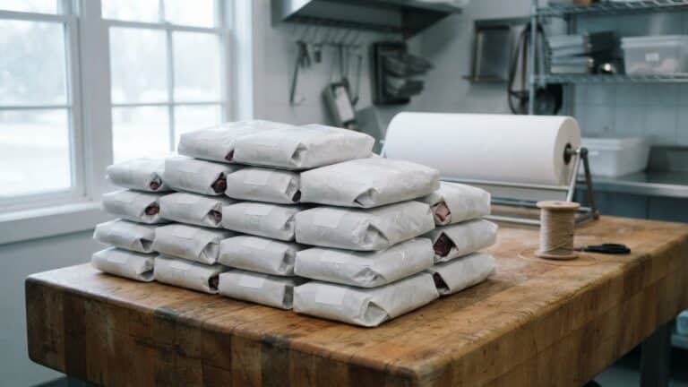 Freshly wrapped white-paper venison packages with blank labels on a wooden butcher table, the finished job a deer processing cost pays for