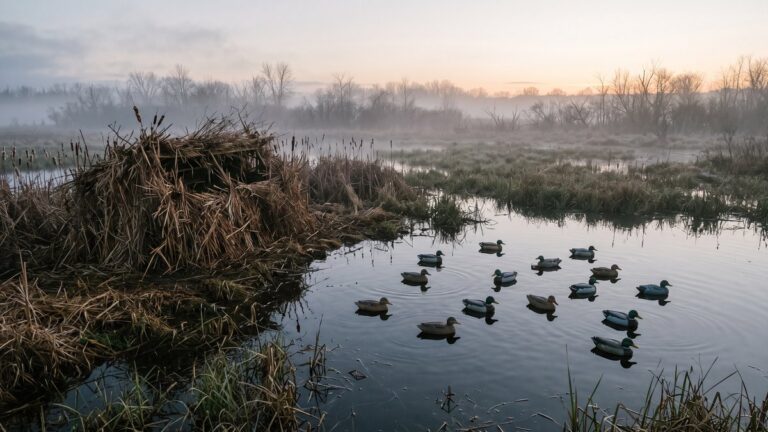 A duck blind of cut reeds at first light on a misty marsh with a dozen decoys on the water, the scene duck season dates are counted down to