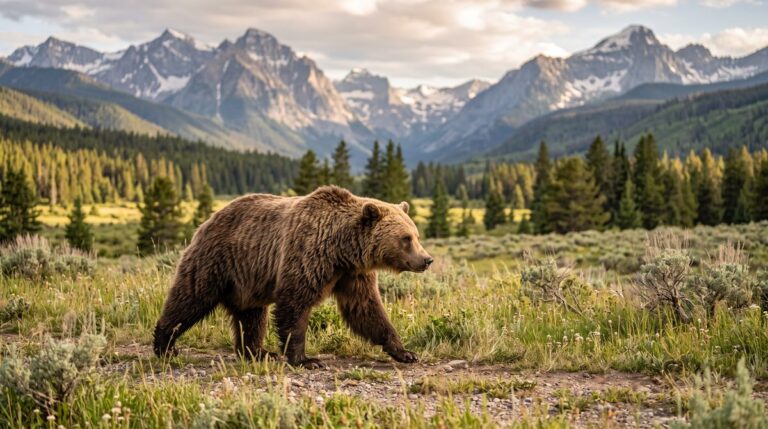Grizzly bear walking across a meadow in the Northern Rockies