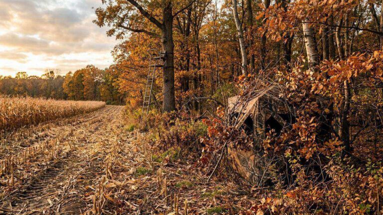 Ground blind vs tree stand: a brushed-in pop-up ground blind at a field edge with a ladder tree stand in the oaks behind