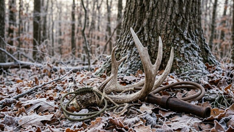 Grunt call vs rattling antlers: a set of rattling antlers and a tube grunt call on frosty oak leaves