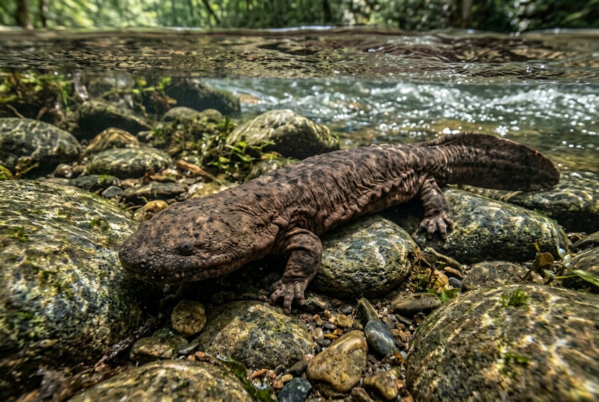 Eastern hellbender salamander resting on rocks in a clear mountain stream