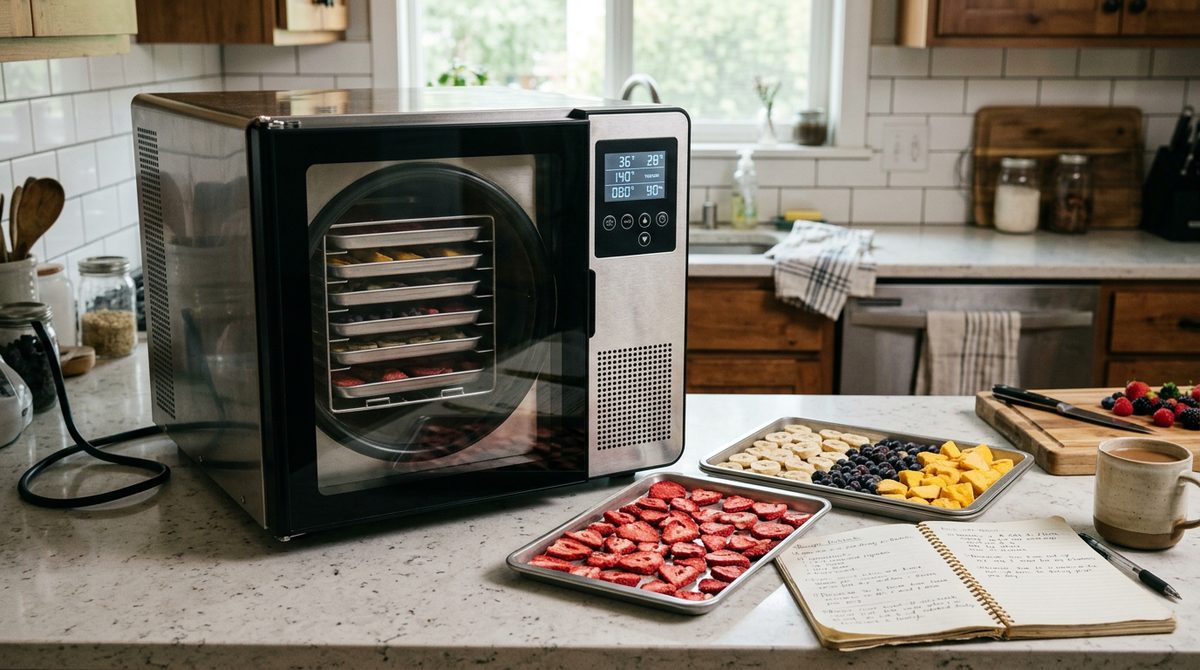 Home freeze dryer with trays of freeze-dried fruit