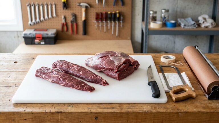 How to process a deer at home: venison backstraps and a deboned hindquarter on a cutting board with a boning knife and freezer paper