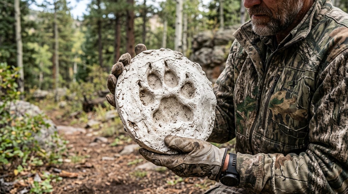 Hunter holding a plaster cast of a mountain lion track