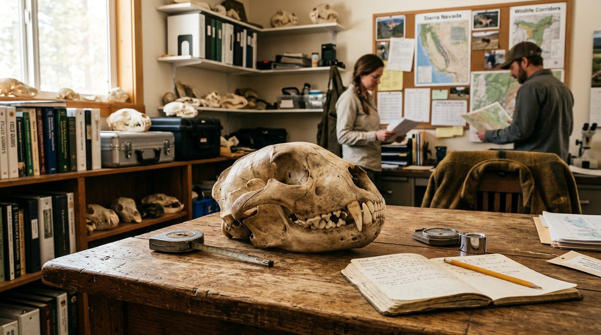 Mountain lion skull on a table