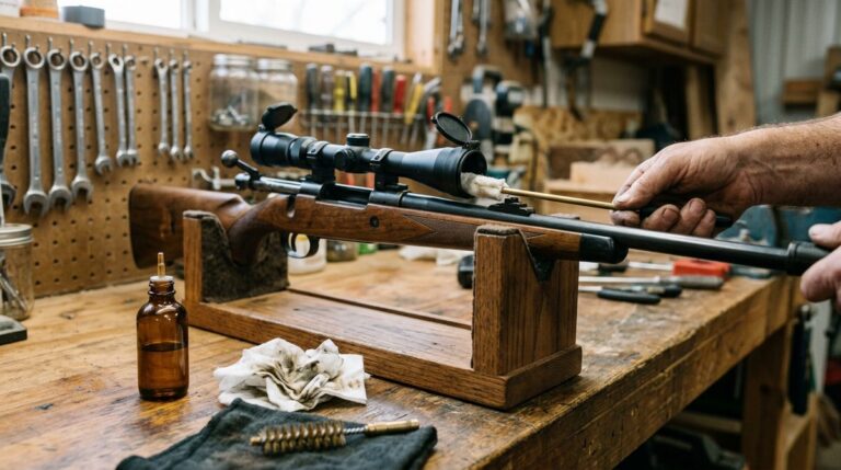 Cleaning rod being pushed through the bore of a bolt-action rifle in a cleaning cradle