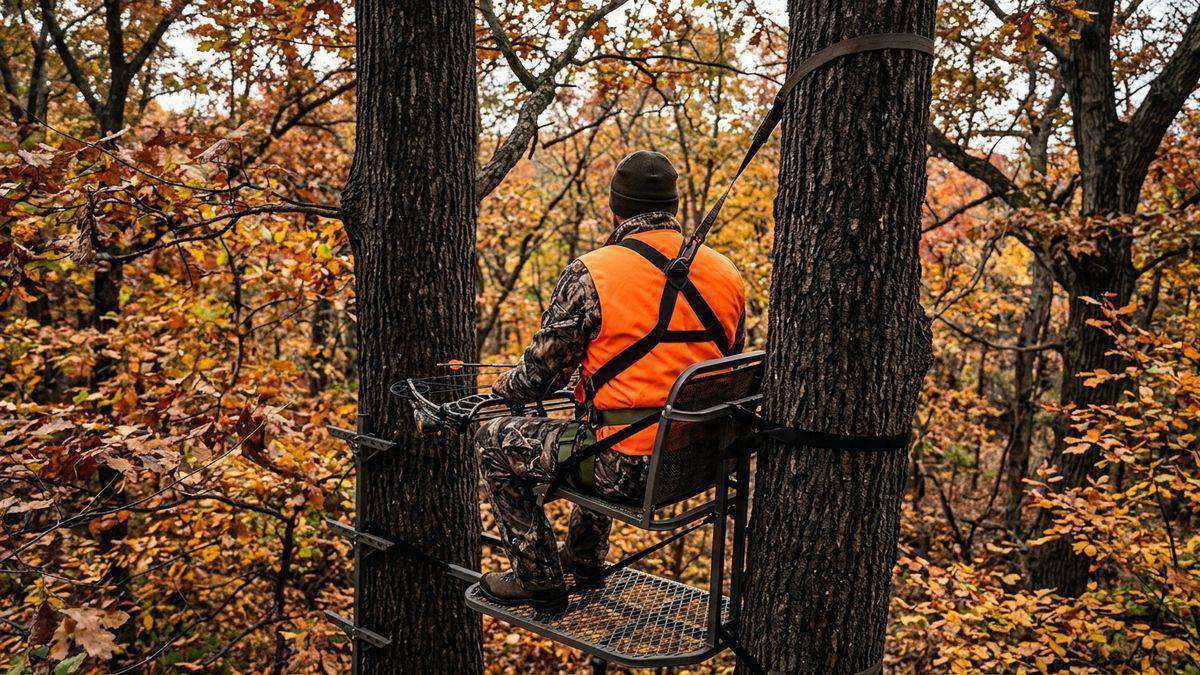 Tree stand safety: a hunter in a hang-on stand wearing a full-body harness tethered to the tree