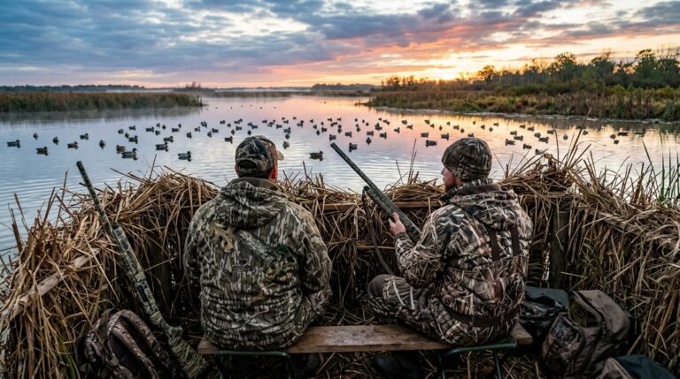 Veterans in a waterfowl blind at dawn