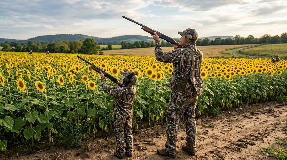 Father and son dove hunting by a sunflower field